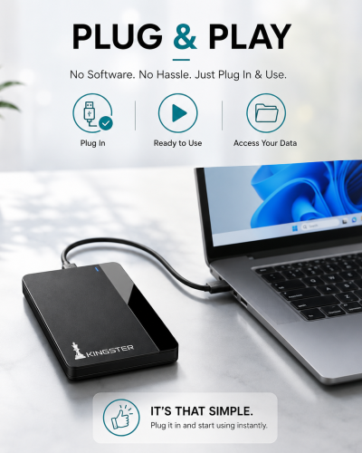KINGSTER Portable External Hard Drive, Type-C USB 3.0, Black – Available in 320GB, 500GB & 1TB