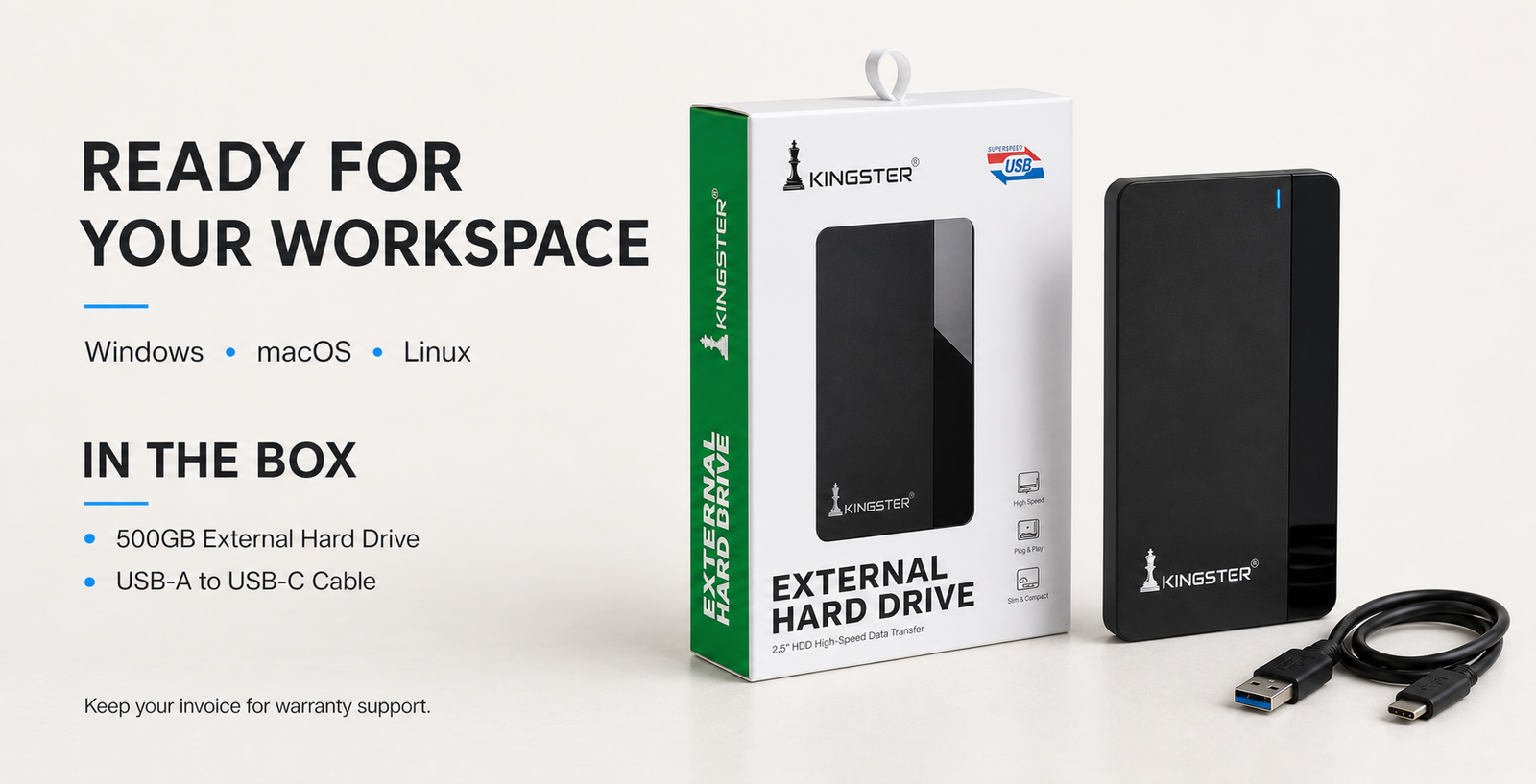 Actual KINGSTER green retail package with drive and cable